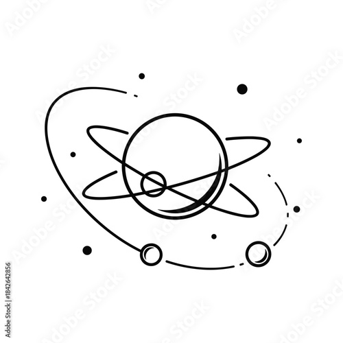 Simple line drawing of a planet with rings and moons