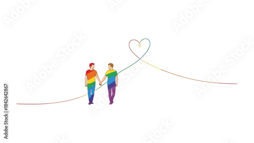 United Hearts: Two individuals, hand in hand, walk toward a shared heart-shaped symbol woven with a spectrum of colors, epitomizing unity, love, and acceptance.