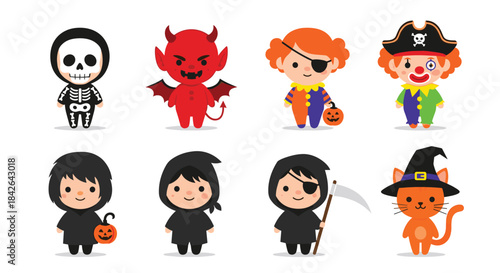Set of eight adorable characters in various cute Halloween costumes, including a skeleton, devil, pirate, grim reaper, and witch cat.