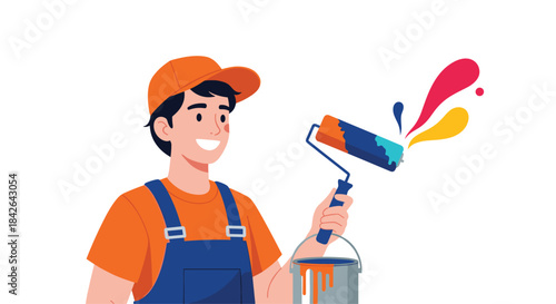Smiling male painter or decorator in overalls and a cap, holding a paint roller with a colorful splash and a can of paint.