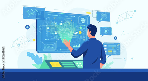 Futuristic technology interface controlled by engineer for complex system management and advanced