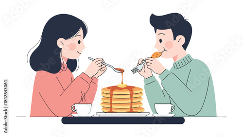 Pancakes Shared: A tender moment unfolds as a couple indulges in a stack of pancakes, their spoons poised to savor the sweetness together. capturing the intimate ritual of shared breakfast