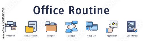 Banner showing daily office routines through desks, files, dialogues, chats and UI.
