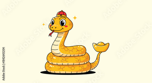 Cute golden snake cartoon character wearing a traditional Chinese hat, with sparkles and a gold ingot for the Lunar New Year.