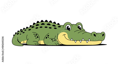 Friendly green cartoon crocodile or alligator lying down with a gentle smile on its face, depicted in a simple, cute art style.