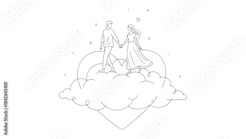 Hand in Hand, Heart to Heart: An illustration captures a tender moment, a couple stands embraced on a cloud shaped like a heart, symbolizing the depth of their connection and the magic of love.