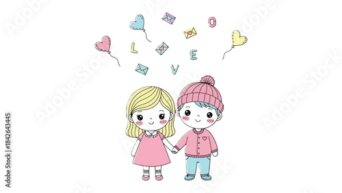 Love's Embrace: a lovely couple stand together, holding hands, letters and balloons above them, conveying a sense of love and intimacy. 