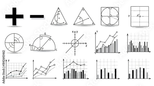 A comprehensive collection of mathematical symbols, geometric shapes, coordinate systems, and various data graphs.
