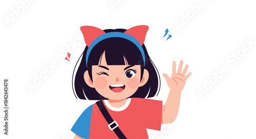 Cheerful cartoon girl with a red bow headband winking and waving her hand in a friendly greeting, isolated on a white background.