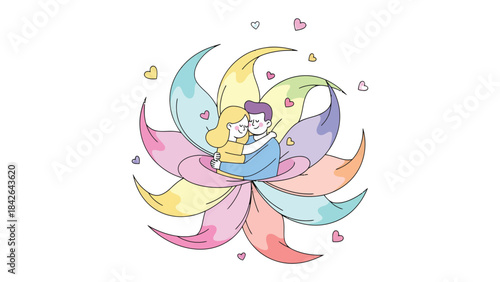 Love Blooms in Color: A heartwarming illustration of a couple embracing inside a vibrant flower, symbolizing affection and togetherness. The artwork radiates love and harmony.