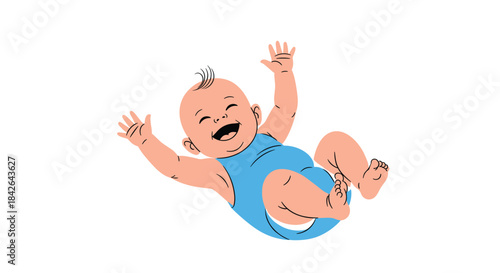Line art illustration of a very happy and chubby baby in a blue onesie, laughing with joy while lying on its back.