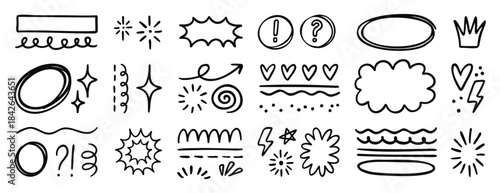 Playful doodle set monochrome line art with splashes exclamations random, hand drawn