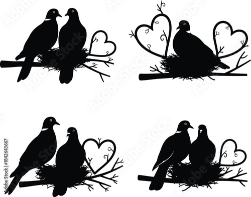 Love birds couple silhouettes on branch with heart accents, romantic set