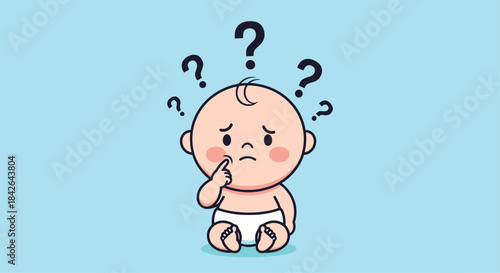 Confused cartoon baby sitting in a diaper with a thoughtful expression, surrounded by question marks on a light blue background.