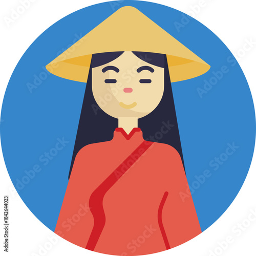 Woman in a long, flowing áo dài with conical hat.