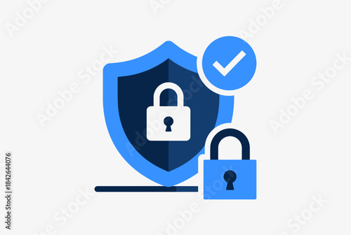 Blue shield with a padlock and a checkmark symbolizing digital security and data protection.