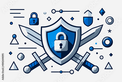 Illustration representing security with a shield, locks, and swords, symbolizing protection and defense against digital threats
