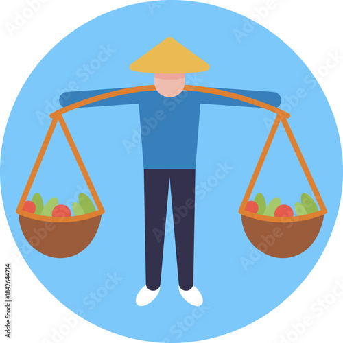 Vietnamese farmer wearing a conical hat, carrying a yoke with baskets.