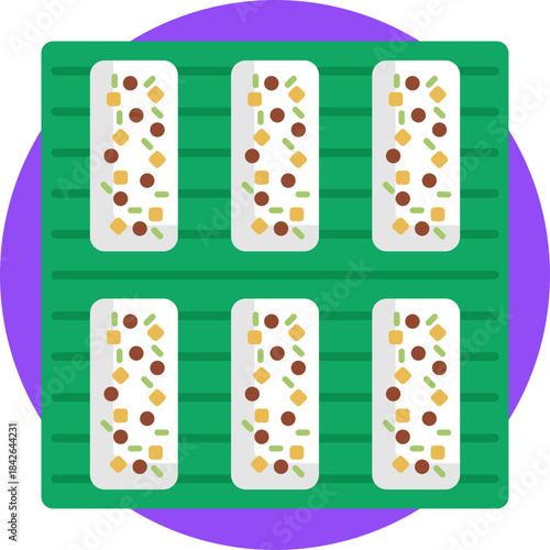 Fresh rice paper roll filled with vegetables, herbs, and shrimp or pork.