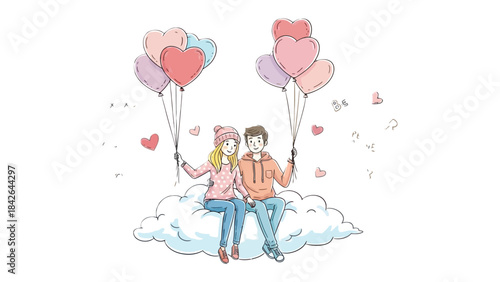 Love's Cloud: A couple gazes lovingly at each other, suspended on a cloud filled with heart-shaped balloons, symbolizing love and companionship. Capturing romance and affection.