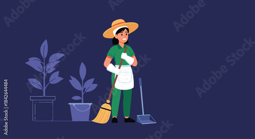 Female gardener or cleaner in a green uniform, apron, and straw hat, smiling while holding a broom and dustpan for cleaning.