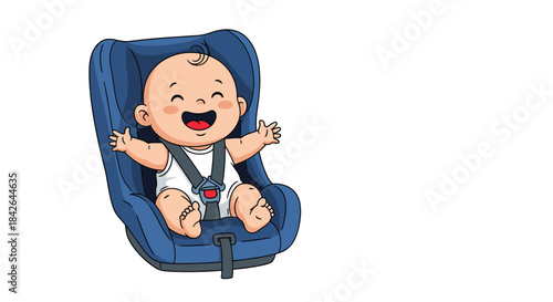 Happy cartoon baby laughing with delight while sitting securely buckled into a blue forward-facing car seat for safety on the road.