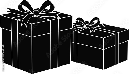 Silhouette gift boxes, black present icons, ribbon and bow, holiday packaging, festive celebration, birthday surprise, Christmas, vector illustration