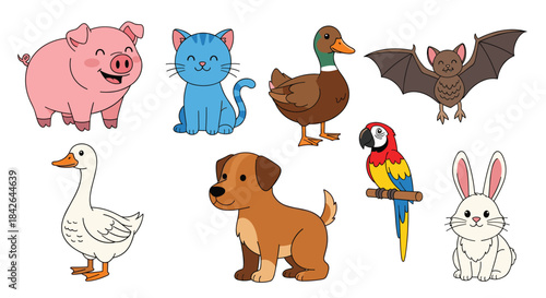 Set of eight colorful and cute cartoon animals, including a pig, cat, duck, bat, goose, dog, parrot, and a white rabbit.