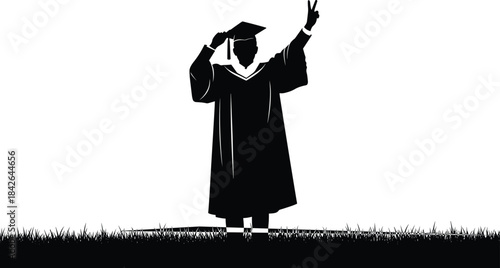 Silhouette graduate celebrating achievement outdoors in cap and gown making peace sign on grassy field, cad drawing flat vector illustration style artwork