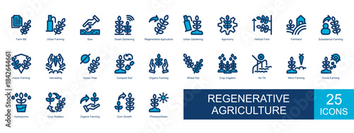 Regenerative Agriculture Icon Set Collection. Covers Farm Bill, Urban Farming, Sow, Smart Gardening, Agronomy, Vertical Farm, Farmland, And More. Simple Vector Blue Illustration