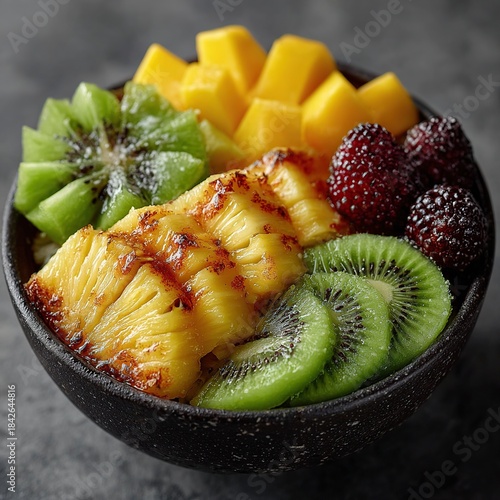 Close up of a black bowl filled with cut pineapple mango kiwi and blackberries on a dark background