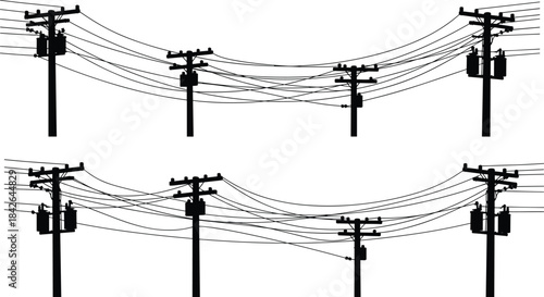 Silhouette illustration of utility poles with electrical power lines, overhead wiring design for infrastructure, urban landscape, energy distribution, and engineering projects
