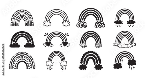 monochrome rainbow icon black set, flat cartoon hand drawn cute rainbow style. Rainbows with clouds hand drawn elements collection.