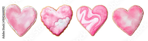 Heart cookies featuring watercolor pink icing, representing love, romance, and sweet treats perfect for valentine's day celebrations and engagements on a transparent background