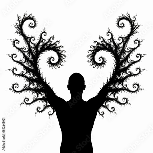 Silhouette of a person with fractal tree-like arms reaching upwards.