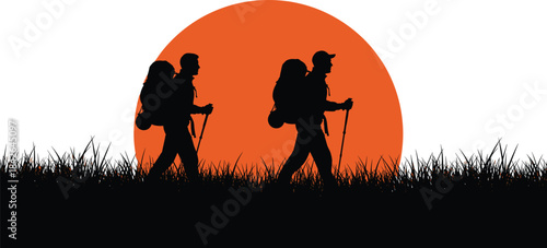 Silhouette of hikers walking with backpacks against large sunset, outdoor adventure scene featuring trekking figures, nature landscape, travel exploration concept