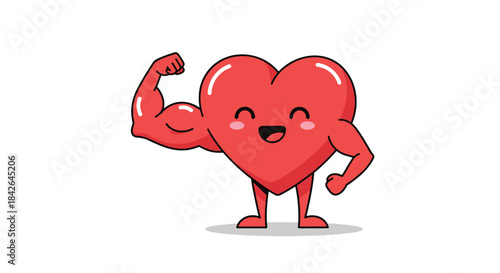 Cute and strong cartoon heart character with a happy face, flexing its muscular bicep to show strength, health, and love.