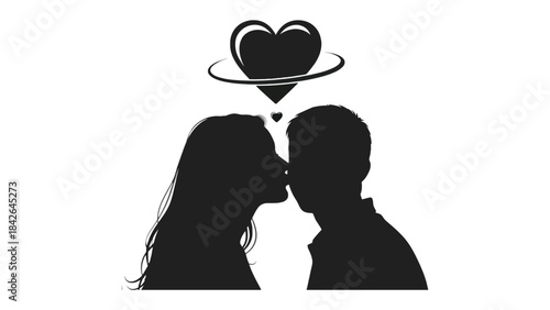 Romantic Embrace Under the Heart: A tender moment captured in silhouette as a couple shares a kiss, with a heart above their heads, embodying love and affection.
