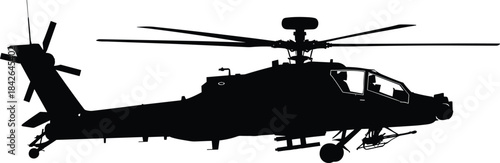 Silhouette of military helicopter aircraft with detailed rotor blades, landing gear and weapon attachments, isolated black aviation vehicle illustration