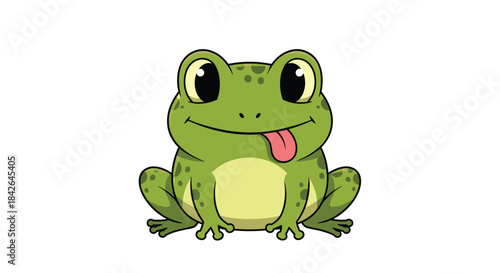 Cute green cartoon frog sitting with its red tongue sticking out in a playful and silly expression, isolated on a white background.
