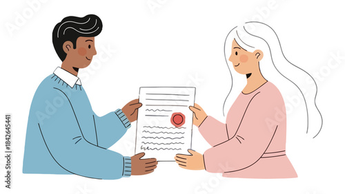 Handover of Agreement: Depicting a significant moment of trust and collaboration, two individuals share an agreement, sealed with a symbol of commitment, symbolizing a new chapter.