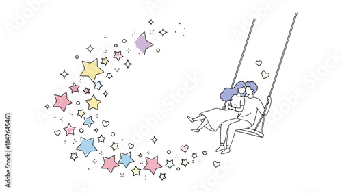 Whimsical Love on a Swing: An illustration captures a tender moment between two lovers as they swing joyfully, surrounded by whimsical stars and hearts, symbolizing a beautiful connection.