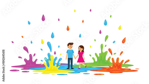 Colorful bond of a Couple : A young couple embraces the joyful chaos of life amidst a vibrant explosion of colorful paints, hand in hand, celebrating the bond of love and togetherness.