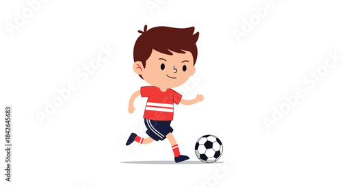 Active young boy in a red shirt and blue shorts running and dribbling a soccer ball with a determined and happy expression.