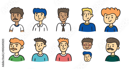 Male avatar portraits different men doodle style, hand drawn