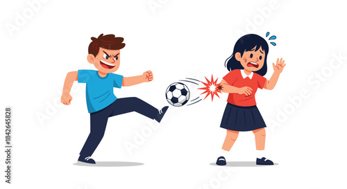 Cartoon scene of a mean boy aggressively kicking a soccer ball and hitting a scared girl, illustrating bullying and bad sportsmanship.
