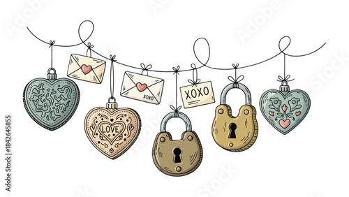 Valentine's Day Emblems: An array of vintage-style love symbols, including heart ornaments, envelopes, and a padlock, are strung together, exuding a sense of sentiment and affection.