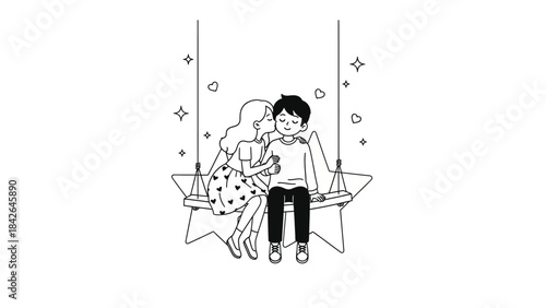 Whimsical Embrace: A charming illustration depicts a tender moment of affection, with a young couple on a star-shaped swing, sharing a sweet kiss and symbolizing budding romance.
