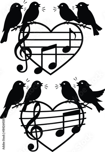 Love birds silhouettes on heart shaped music staff with notes, romantic set