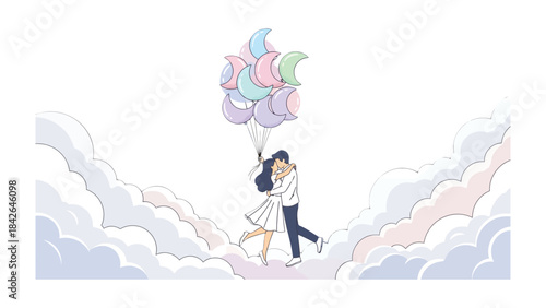Love's Ascent: A couple embracing amidst dreamy clouds, ascending together with a bouquet of colorful balloons, embodying shared dreams and a hopeful future.